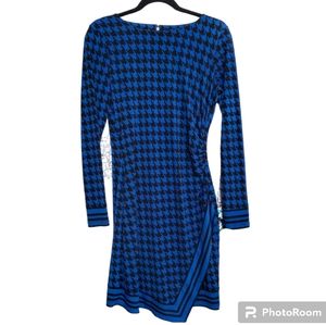Michael Kors Women Sheath Dress Size S Houndstooth Faux Wrap Drape Blue